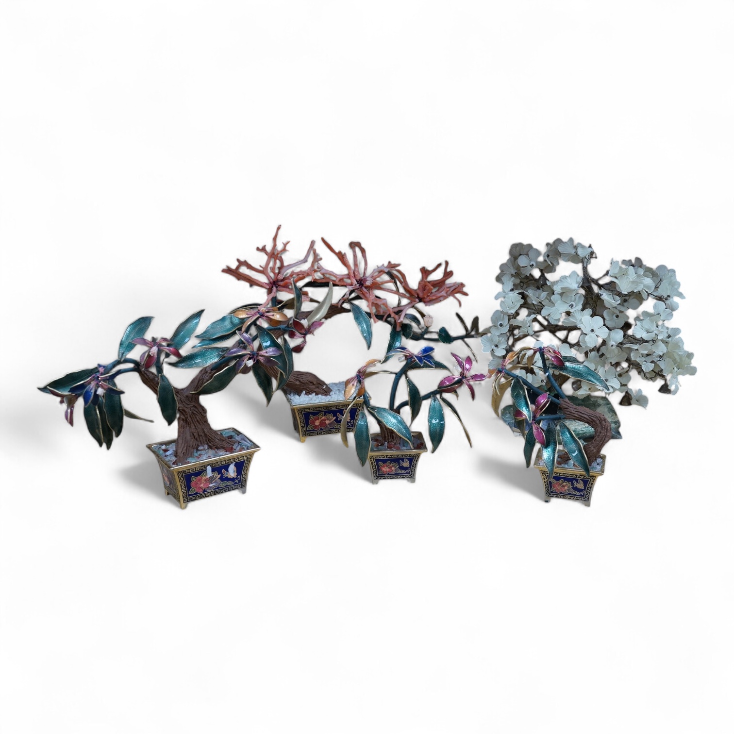 Five miniature Chinese enamel and coral bonsai trees and planters, largest 22cm high